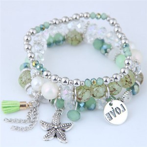 Starfish and Round Love Plate Pendants Multi-layer Beads Fashion Bracelet - Green