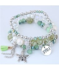 Starfish and Round Love Plate Pendants Multi-layer Beads Fashion Bracelet - Green