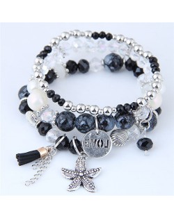 Starfish and Round Love Plate Pendants Multi-layer Beads Fashion Bracelet - Black