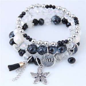 Starfish and Round Love Plate Pendants Multi-layer Beads Fashion Bracelet - Black