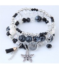 Starfish and Round Love Plate Pendants Multi-layer Beads Fashion Bracelet - Black