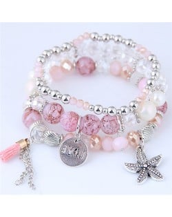 Starfish and Round Love Plate Pendants Multi-layer Beads Fashion Bracelet - Pink