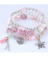 Starfish and Round Love Plate Pendants Multi-layer Beads Fashion Bracelet - Pink