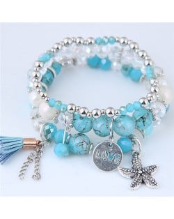 Starfish and Round Love Plate Pendants Multi-layer Beads Fashion Bracelet - Blue