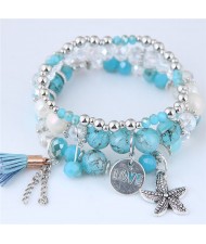Starfish and Round Love Plate Pendants Multi-layer Beads Fashion Bracelet - Blue