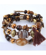 Stones and Beads Mix Design Bohemian Fashion Bracelet - Brown