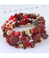 Assorted Beads and Stone Multi-layer Bohemian Fashion Bracelet - Red