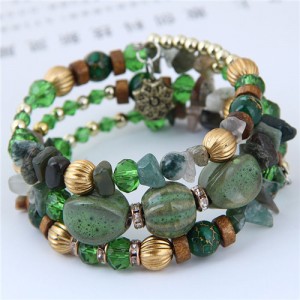 Assorted Beads and Stone Multi-layer Bohemian Fashion Bracelet - Green