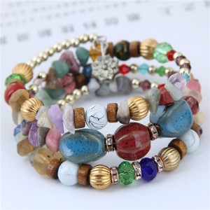 Assorted Beads and Stone Multi-layer Bohemian Fashion Bracelet - Multicolor
