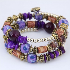 Assorted Beads and Stone Multi-layer Bohemian Fashion Bracelet - Purple