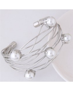 Pearl Embellished Graceful Wide Style Alloy Open Bangle - Silver