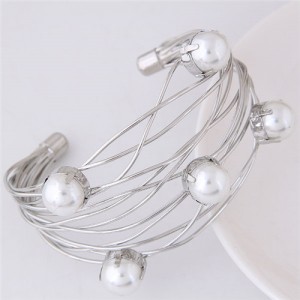 Pearl Embellished Graceful Wide Style Alloy Open Bangle - Silver