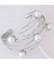 Pearl Embellished Graceful Wide Style Alloy Open Bangle - Silver
