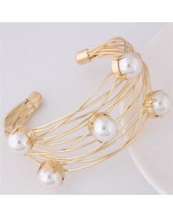 Pearl Embellished Graceful Wide Style Alloy Open Bangle - Golden
