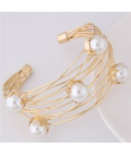 Pearl Embellished Graceful Wide Style Alloy Open Bangle - Golden