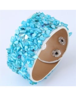 Tiny Stones Embellished Wide Fashion Leather Bangle - Blue