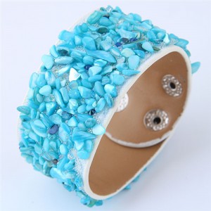 Tiny Stones Embellished Wide Fashion Leather Bangle - Blue