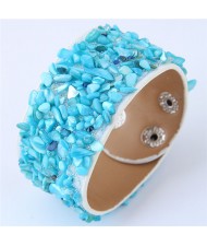 Tiny Stones Embellished Wide Fashion Leather Bangle - Blue