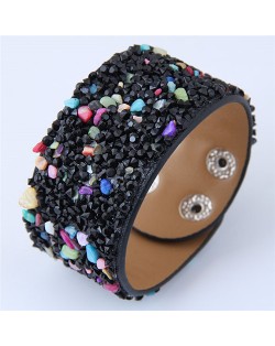 Tiny Stones Embellished Wide Fashion Leather Bangle - Black