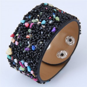 Tiny Stones Embellished Wide Fashion Leather Bangle - Black