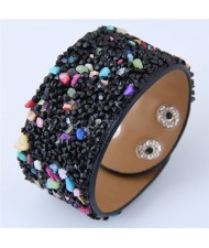 Tiny Stones Embellished Wide Fashion Leather Bangle - Black