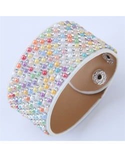Rhinestone and Beads Embellished Wide Fashion Leather Bangle
