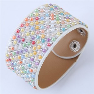 Rhinestone and Beads Embellished Wide Fashion Leather Bangle