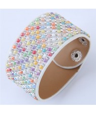Rhinestone and Beads Embellished Wide Fashion Leather Bangle
