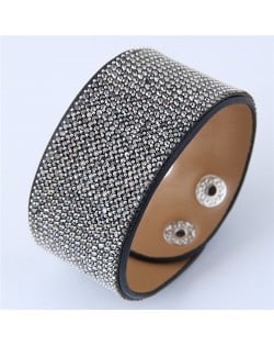 Rhinestone Embellished Wide Fashion Leather Bangle