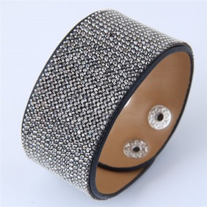 Rhinestone Embellished Wide Fashion Leather Bangle