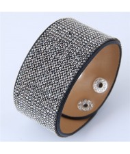 Rhinestone Embellished Wide Fashion Leather Bangle