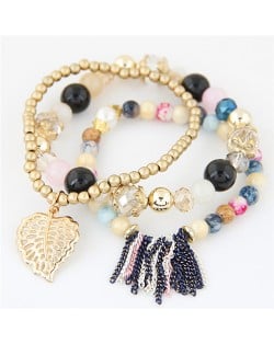 Leaf and Chain Tassel Design Triple Layers High Fashion Bracelet - Multicolor