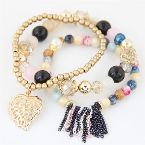 Leaf and Chain Tassel Design Triple Layers High Fashion Bracelet - Multicolor