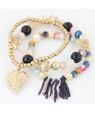 Leaf and Chain Tassel Design Triple Layers High Fashion Bracelet - Multicolor