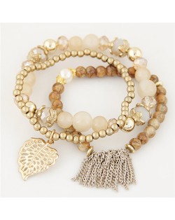 Leaf and Chain Tassel Design Triple Layers High Fashion Bracelet - Beige