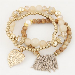Leaf and Chain Tassel Design Triple Layers High Fashion Bracelet - Beige