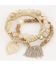 Leaf and Chain Tassel Design Triple Layers High Fashion Bracelet - Beige