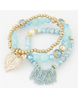 Leaf and Chain Tassel Design Triple Layers High Fashion Bracelet - Blue