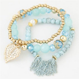 Leaf and Chain Tassel Design Triple Layers High Fashion Bracelet - Blue