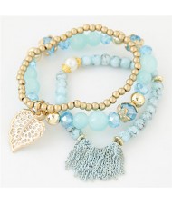 Leaf and Chain Tassel Design Triple Layers High Fashion Bracelet - Blue