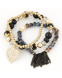 Leaf and Chain Tassel Design Triple Layers High Fashion Bracelet - Black