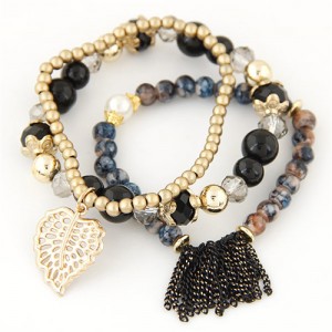 Leaf and Chain Tassel Design Triple Layers High Fashion Bracelet - Black