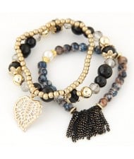 Leaf and Chain Tassel Design Triple Layers High Fashion Bracelet - Black