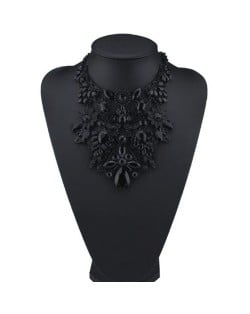 Assorted Flowers Cluster Combo Hollow Complex Design Chunky Costume Necklace - Black