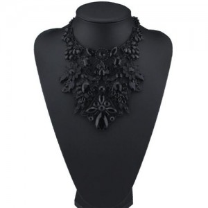 Assorted Flowers Cluster Combo Hollow Complex Design Chunky Costume Necklace - Black