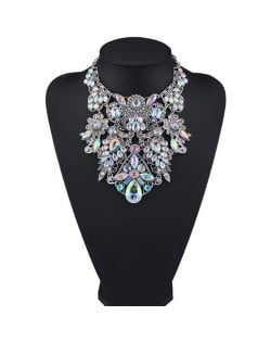 Assorted Flowers Cluster Combo Hollow Complex Design Chunky Costume Necklace - White