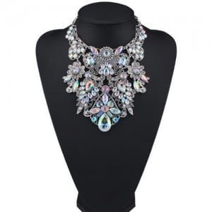 Assorted Flowers Cluster Combo Hollow Complex Design Chunky Costume Necklace - White