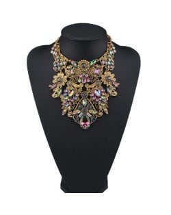Assorted Flowers Cluster Combo Hollow Complex Design Chunky Costume Necklace - Golden