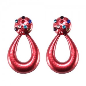 Multicolor Gems Embellished Painted Waterdrop Design High Fashion Earrings - Red