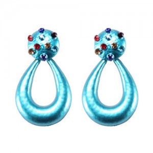 Multicolor Gems Embellished Painted Waterdrop Design High Fashion Earrings - Blue